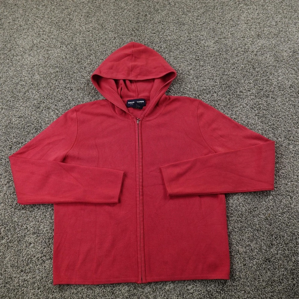 Ralph Lauren Polo Hoodie Womens L Red Silk Golf Full Zip Knit Sweatshirt Jacket